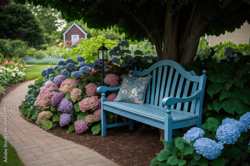 picturesque outdoor setting featuring a blue bench and a green tree. Generative AI