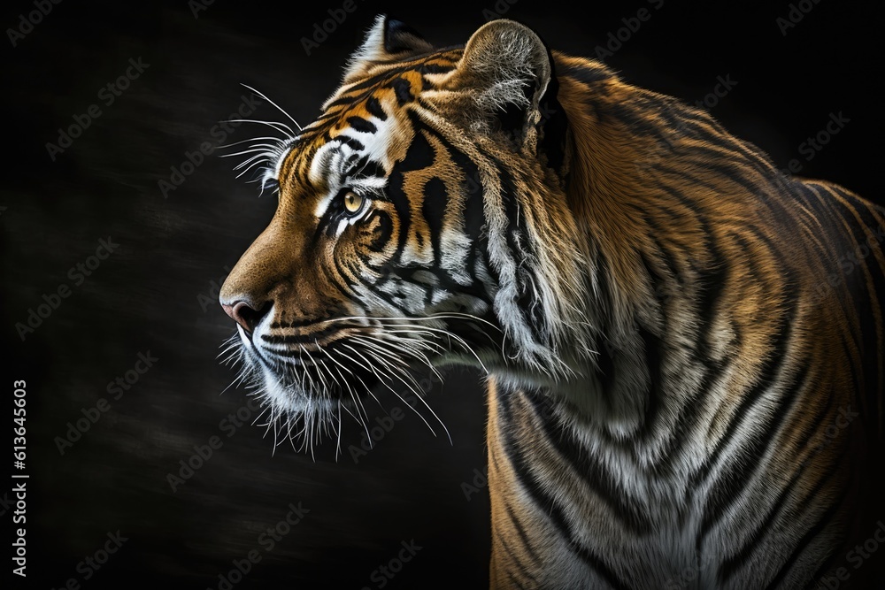 fierce tiger in close-up on a dark background. Generative AI