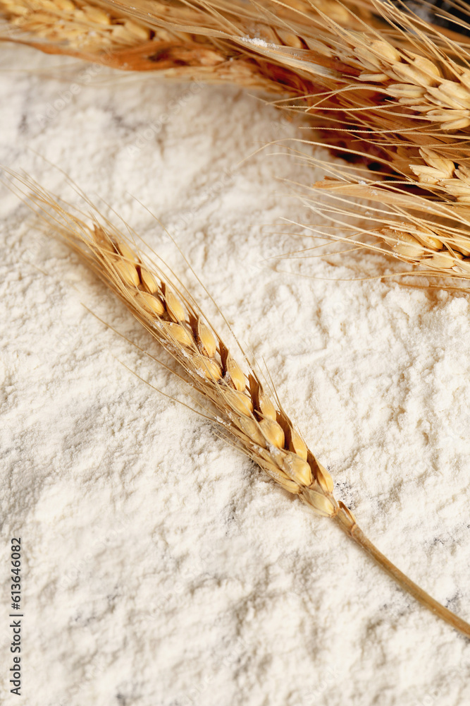 Flour with wheat ears, closeup