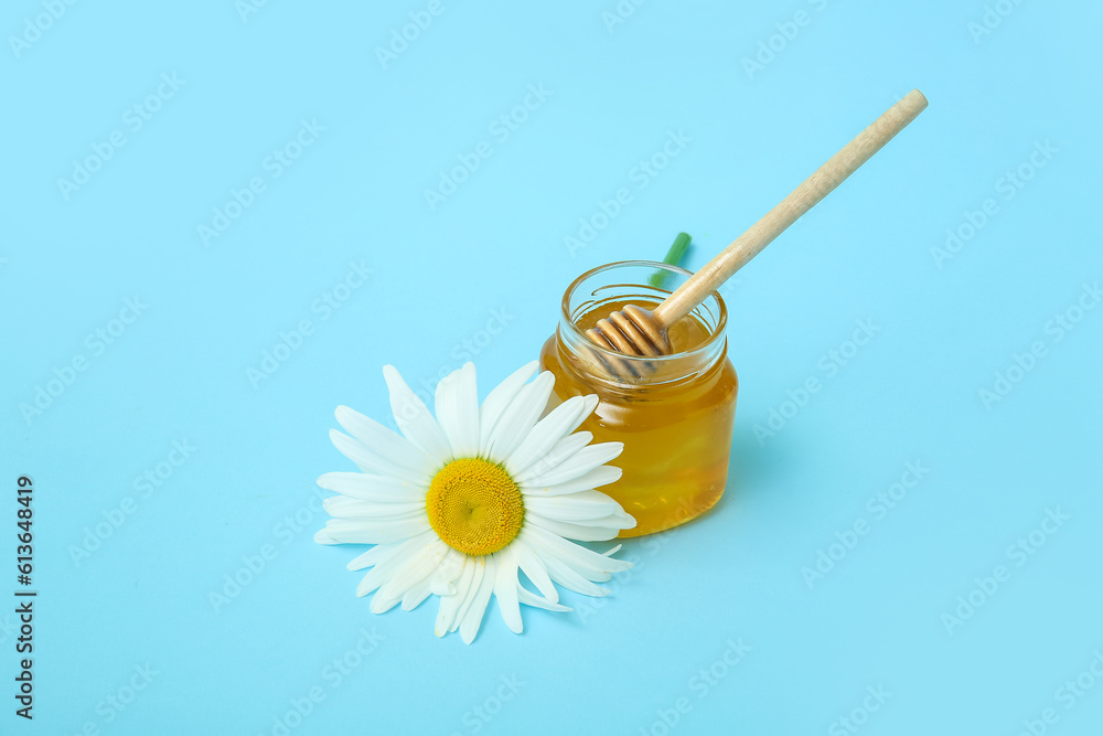 Jar of honey and chamomile flower on color background