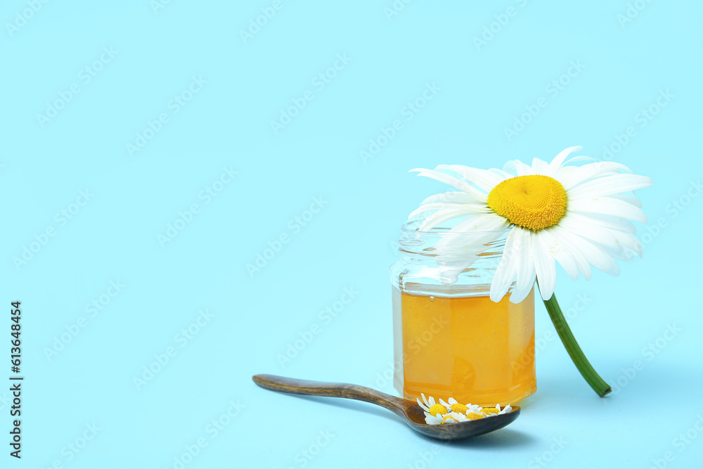 Jar of honey, dried and fresh chamomile flowers on color background