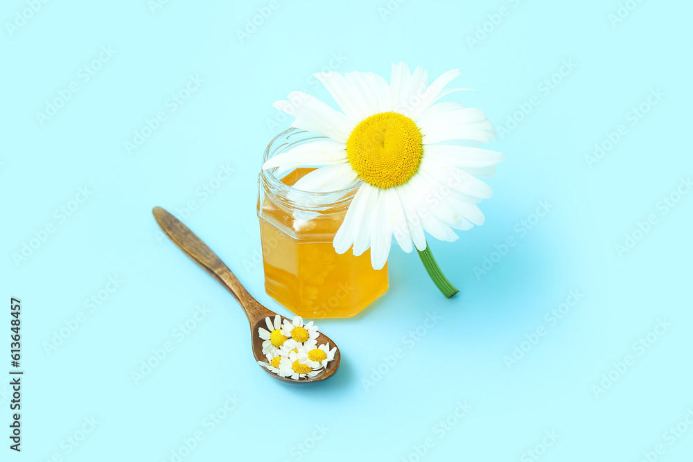 Jar of honey, dried and fresh chamomile flowers on color background