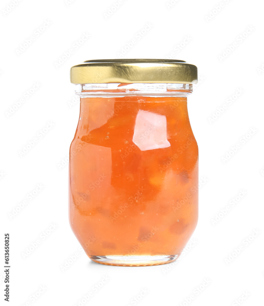 Jar of sweet jam isolated on white background