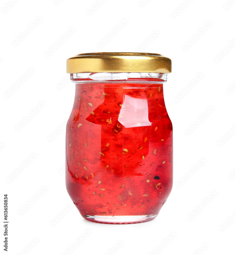 Jar of sweet jam isolated on white background