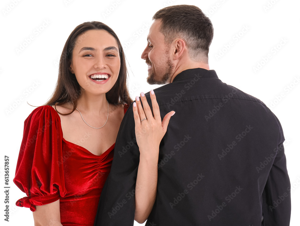 Happy engaged couple on white background