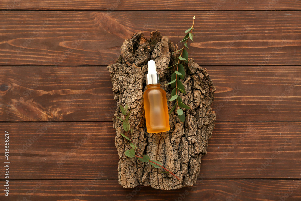 Bottle of essential oil, tree bark and eucalyptus branches on wooden background