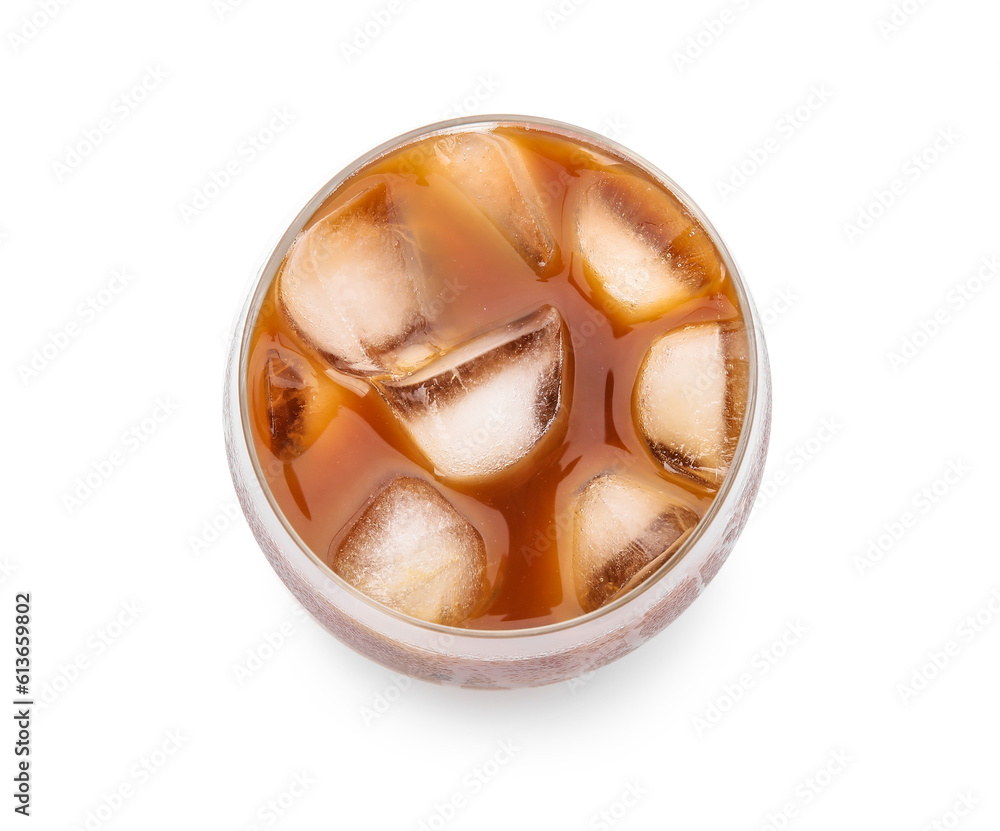 Glass of tasty ice coffee on white background