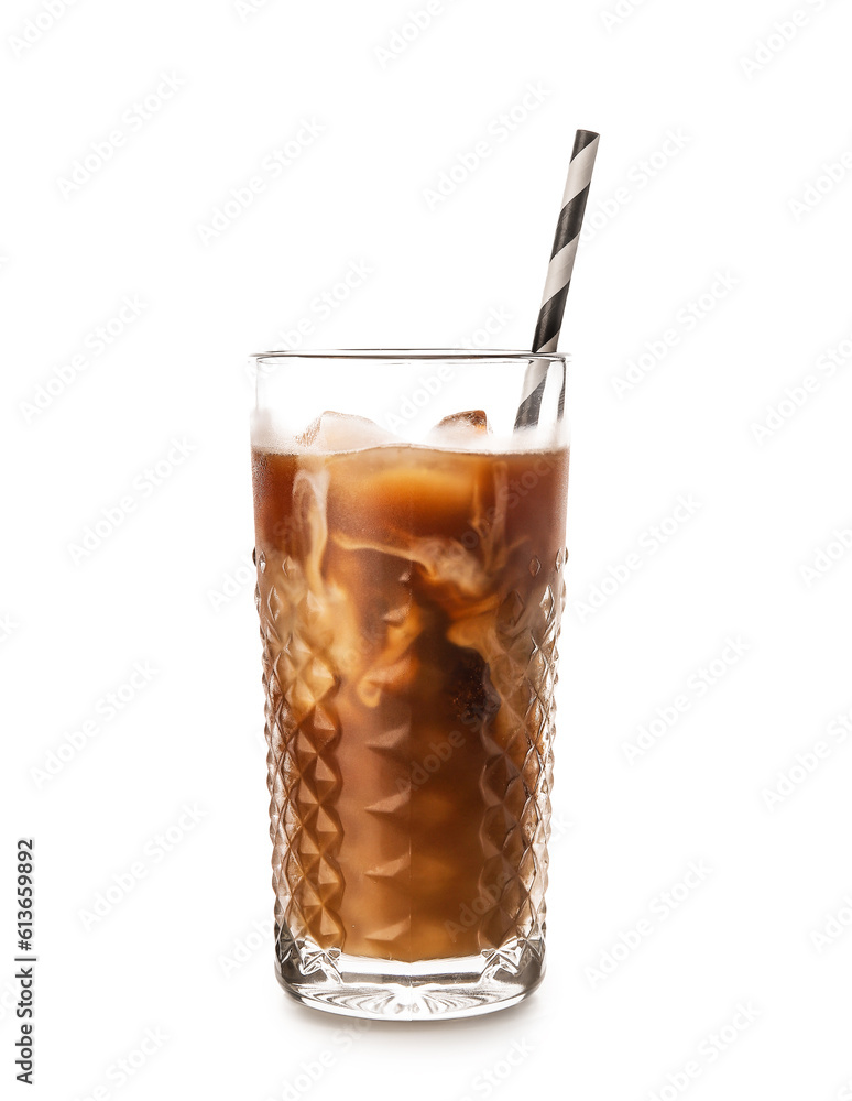 Glass of ice coffee with straw on white background