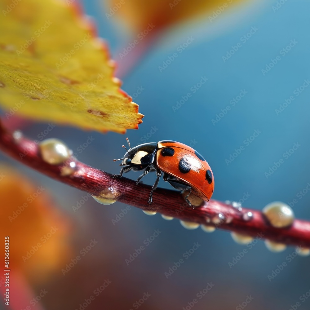 Ladybug walking on twig, Closeup of a ladybug, flora and fauna.