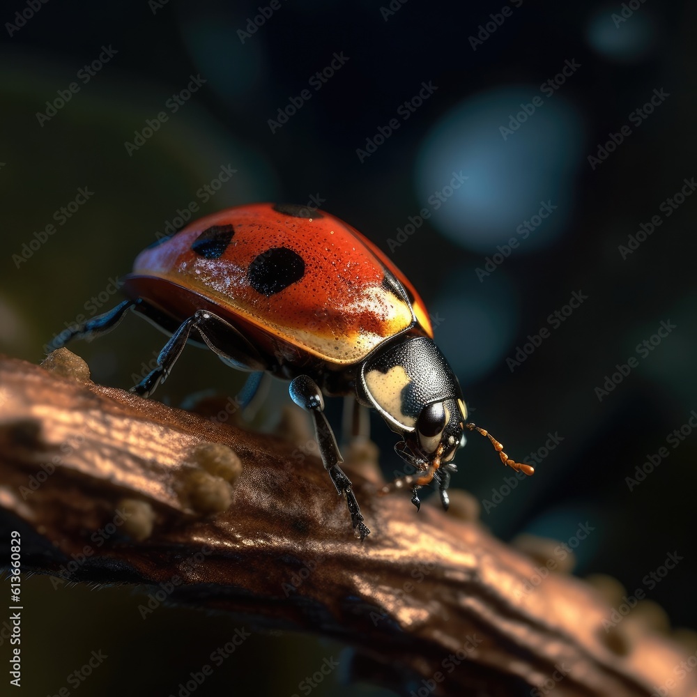 Ladybug walking on twig, Closeup of a ladybug, flora and fauna.