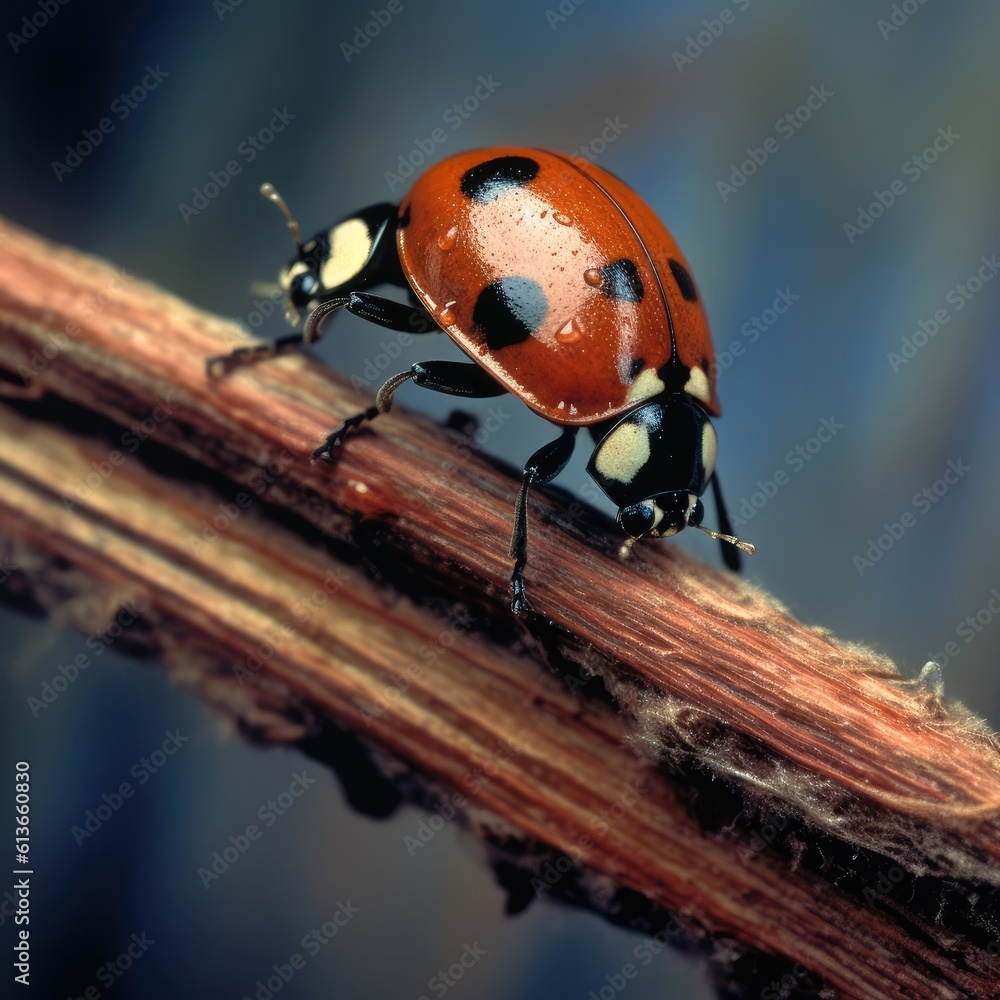 Ladybugs on a green twig, Closeup of a ladybug.