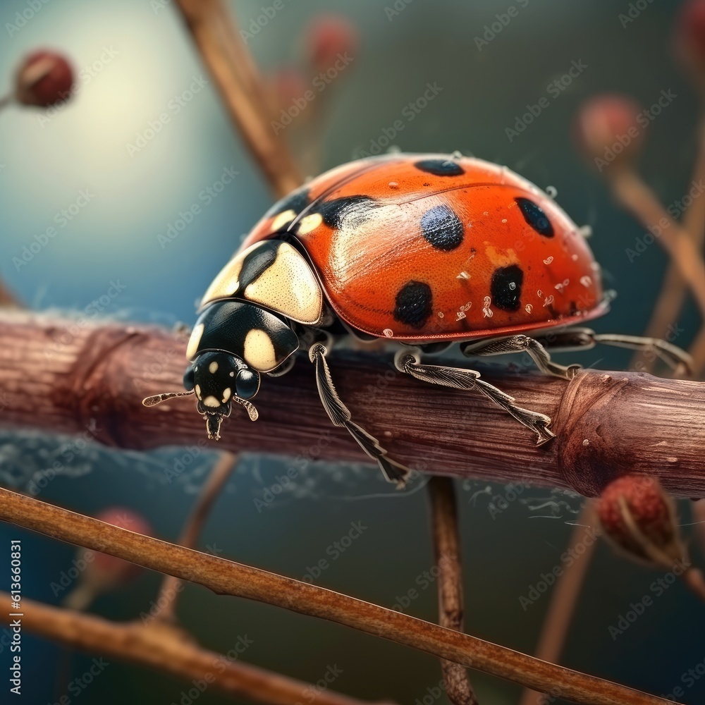 Red ladybug climbing on a stick in the grass, Nature outdoors, flora and fauna.