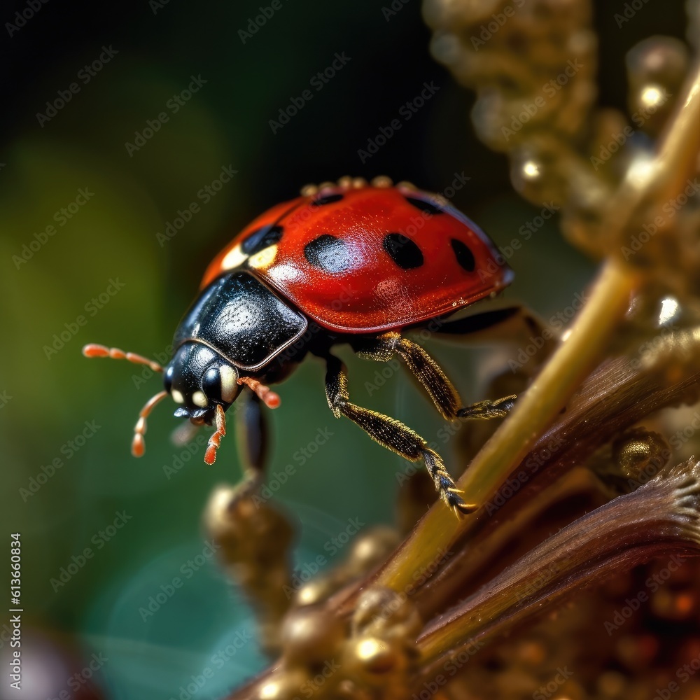 Ladybug walking on twig, Closeup of a ladybug, flora and fauna.