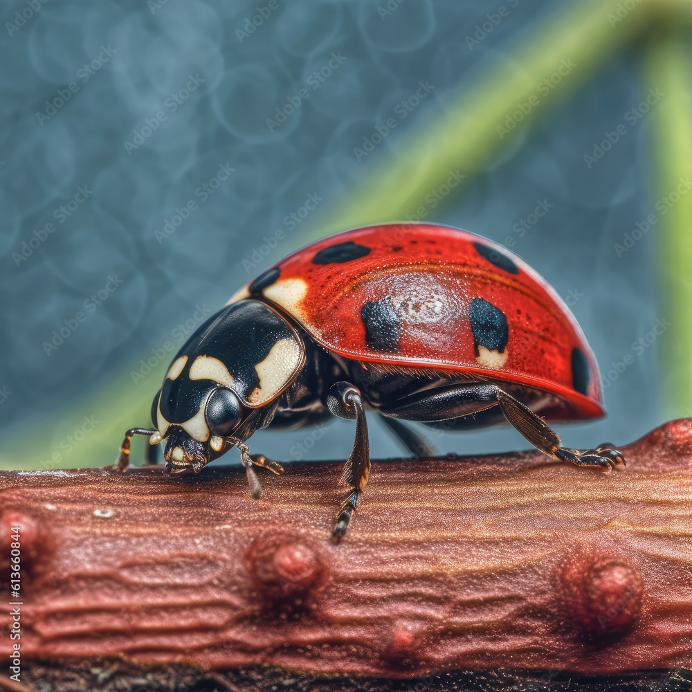 Ladybugs on a green twig, Closeup of a ladybug.