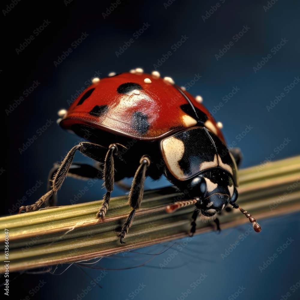 Ladybugs on a green twig, Closeup of a ladybug.