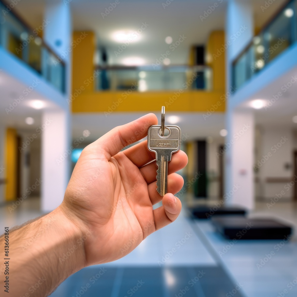 Welcome to new house, Close up of young man hand hold bunch of keys.