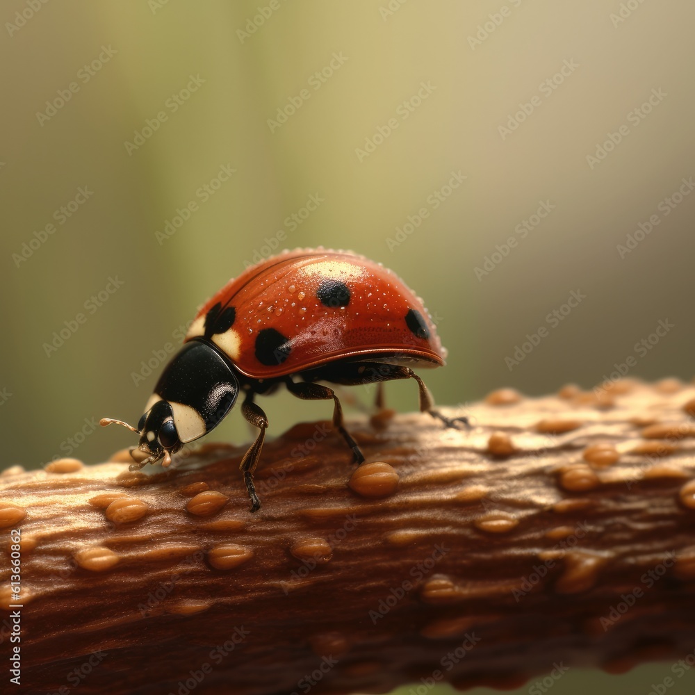 Ladybug walking on twig, Closeup of a ladybug, flora and fauna.