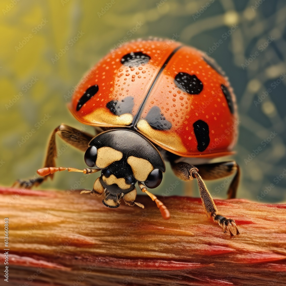 Ladybugs on a green twig, Closeup of a ladybug.