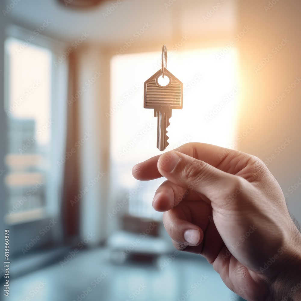 Welcome to new house, Close up of young man hand hold bunch of keys.