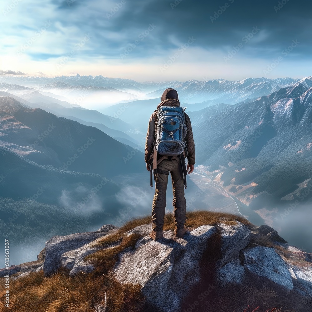 Hiker with backpack standing on the edge of a cliff, Hiker at the summit of a mountain overlooking a