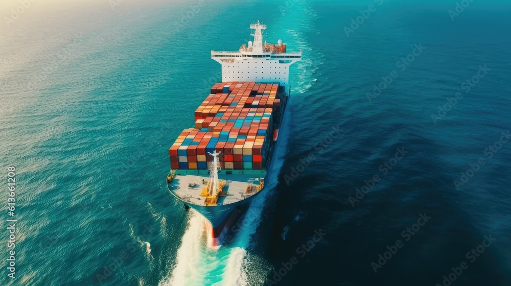 Container ship transporting large cargo  to import and export goods internationally around the world