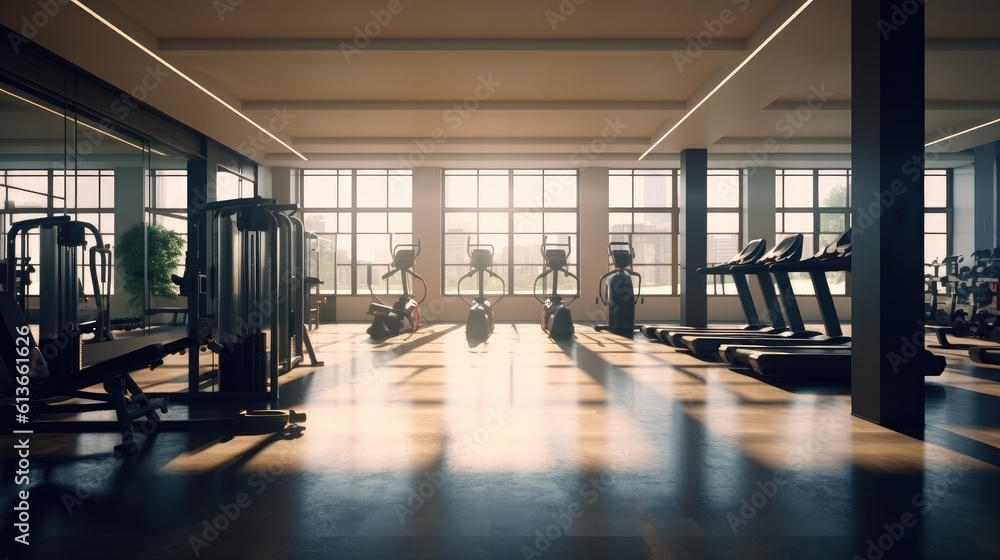 Modern light gym, Sports equipment in gym, Gym and fitness.