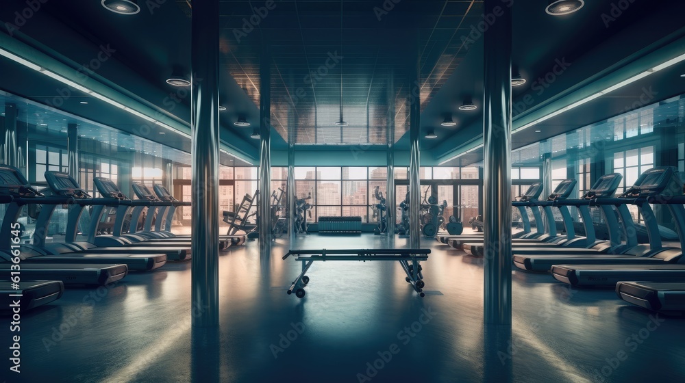 Modern light gym, Sports equipment in gym, Gym and fitness.