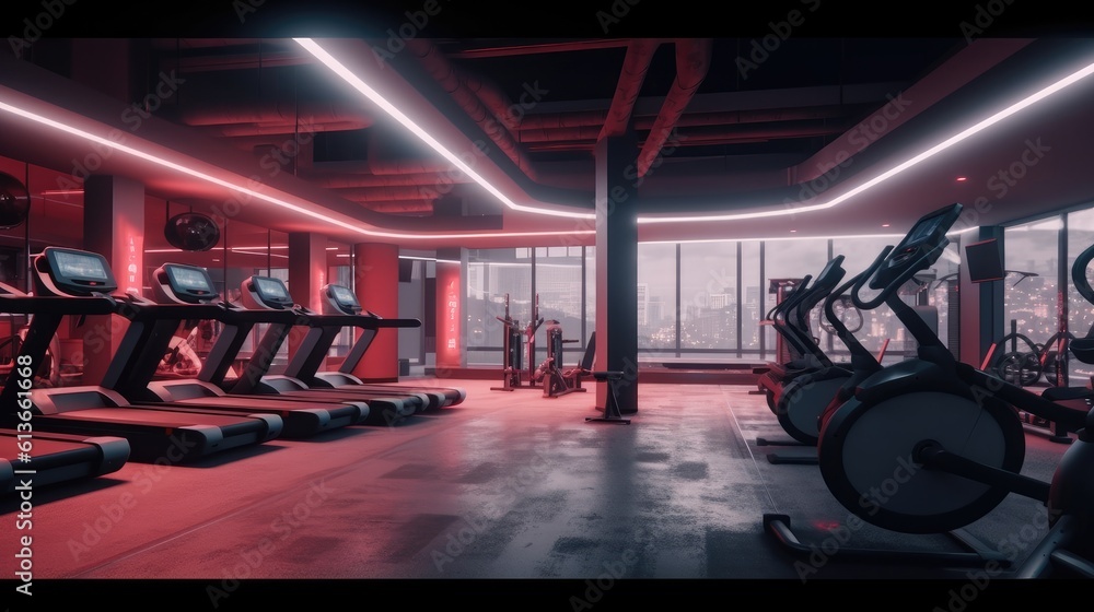 Modern light gym, Sports equipment in gym, Gym and fitness.