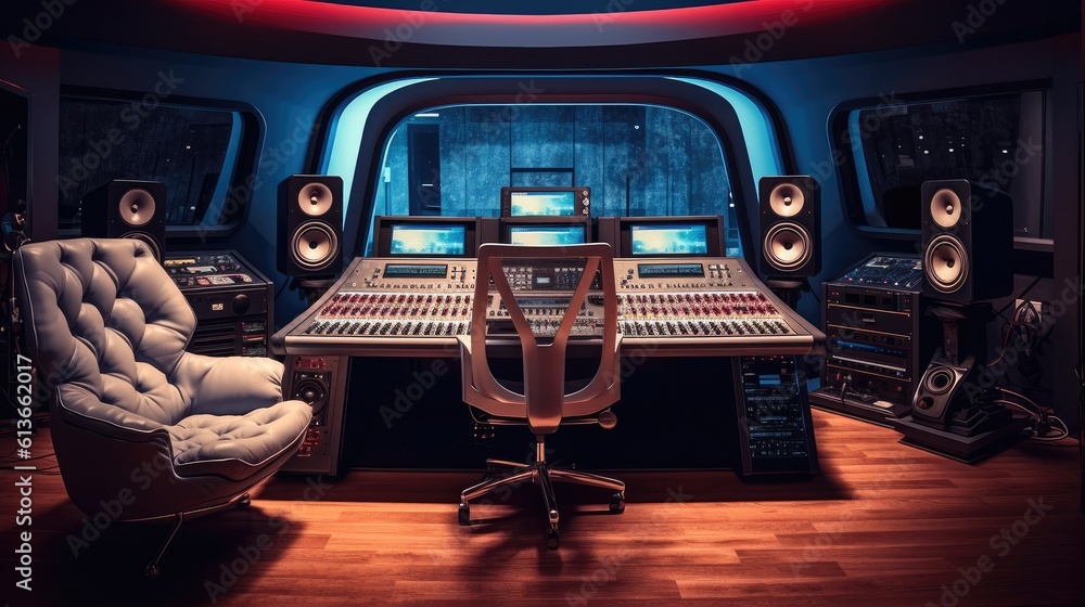 Modern Recording Studio Control Room, Audio recording studio and interior.