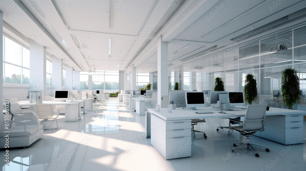 Modern office interior, Desks with PC in bright and modern open space office.