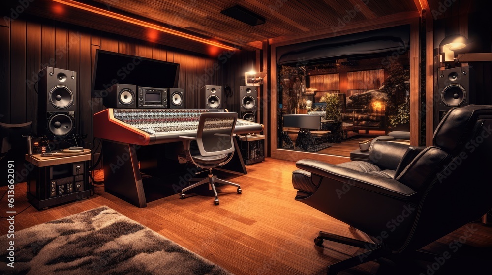 Modern audio recording studio with equipment and recording both, mixing machine, audio monitors and 