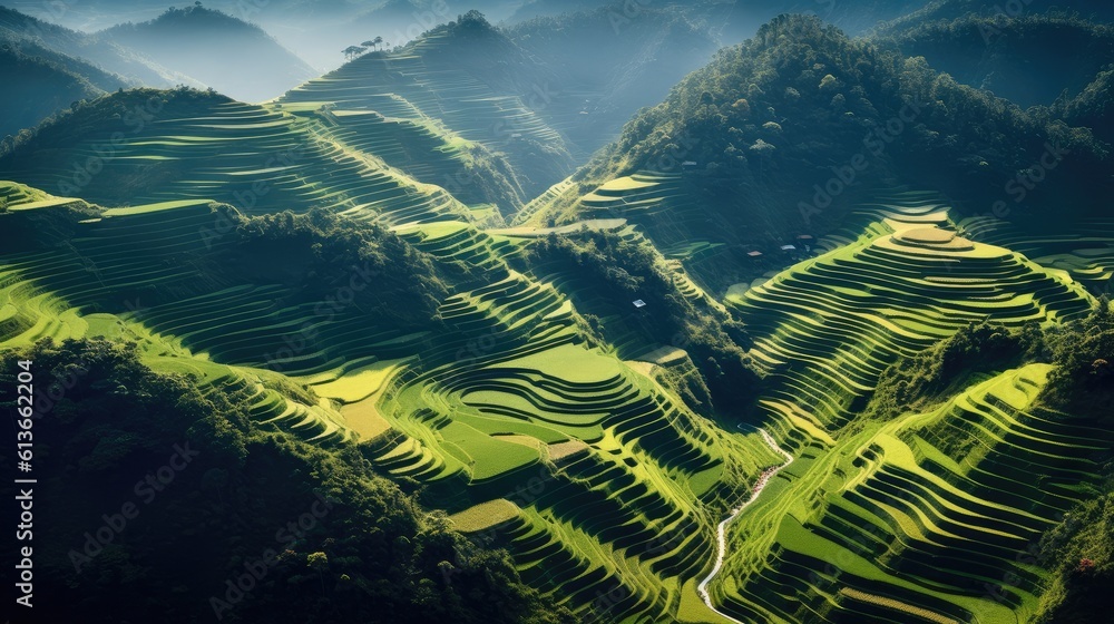 Terraced rice, Landscape of the terraced rice fields at Mugang Chai during the farming season in Vie