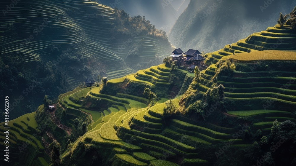 Rice fields on terraced in Northwest of Vietnam, Rice terraces at Mugang Chai.