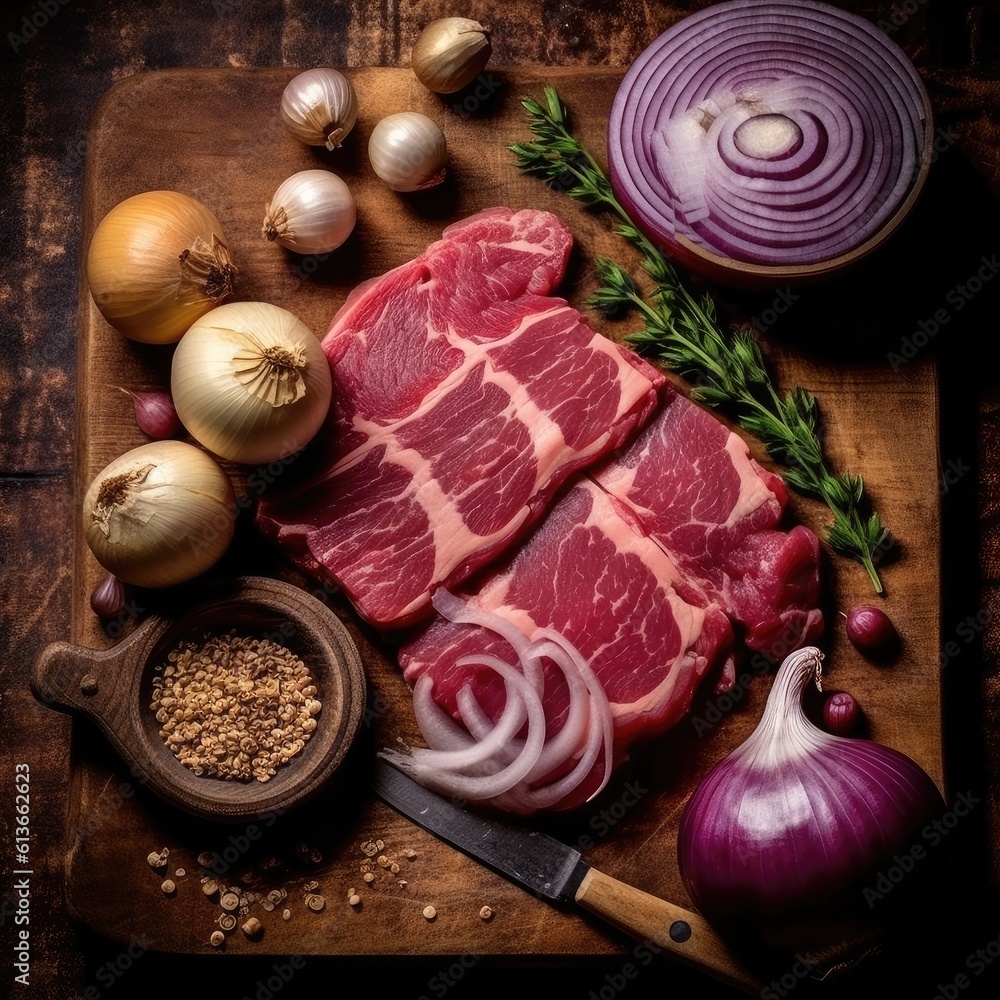 Sliced grilled marbled meat steak filet mignon with onion and asparagus on wooden serving board.