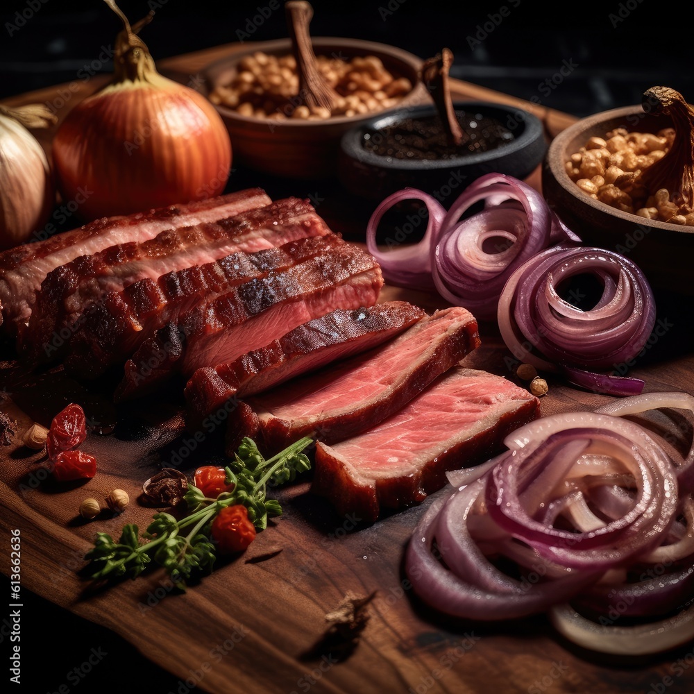 Slices of meat and vegetables over wooden board with seasonings.