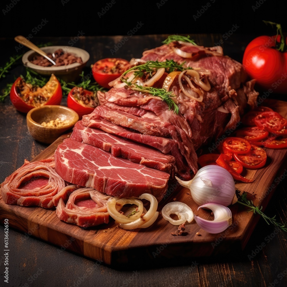 Slices of meat with fresh herbs, Vegetables and spices on rustic wooden background, Sliced grilled m