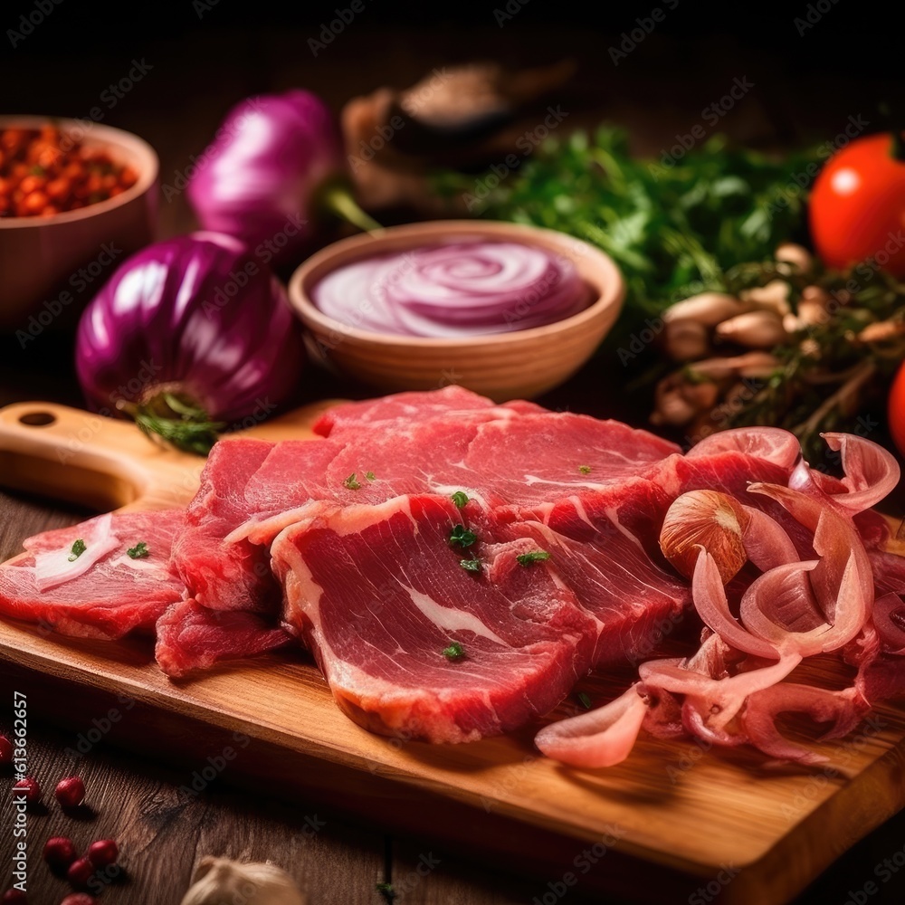 Sliced grilled marbled meat steak filet mignon with onion and asparagus on wooden serving board.