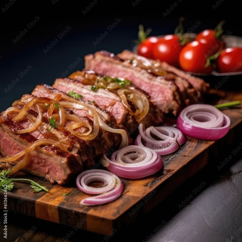 Slices of meat with fresh herbs, Vegetables and spices on rustic wooden background, Sliced grilled m