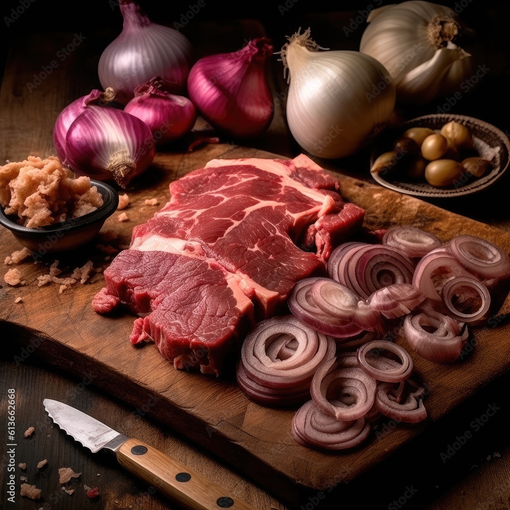 Slices of meat and vegetables over wooden board with seasonings.