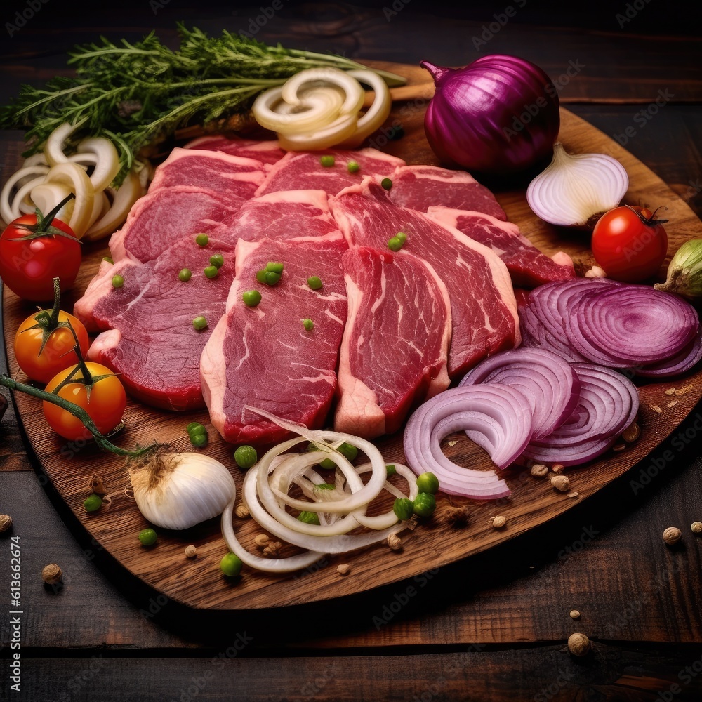 Sliced grilled marbled meat steak filet mignon with onion and asparagus on wooden serving board.