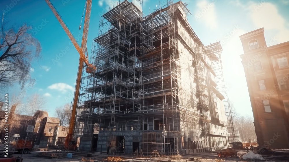 Building under construction, Extensive scaffolding providing platforms for work in progress on a new