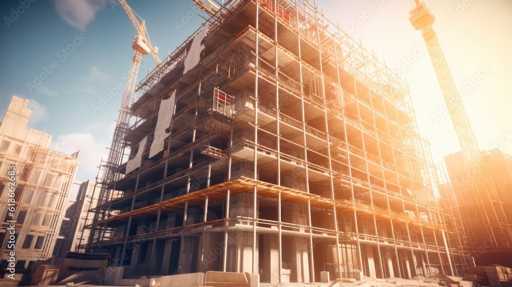 Building under construction, Extensive scaffolding providing platforms for work in progress on a new