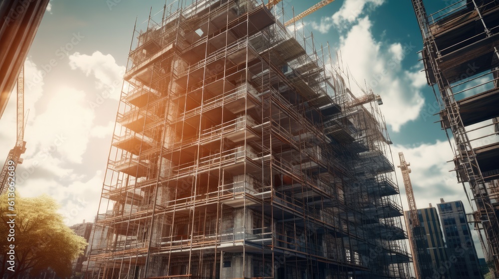 The building is under construction with scaffolding, High rise building under construction.