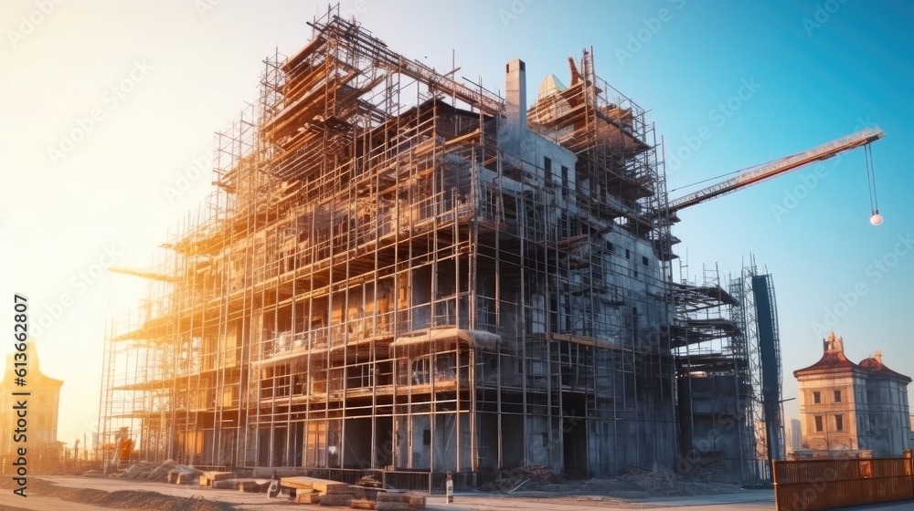 High rise building under construction with scaffolding and a crane.