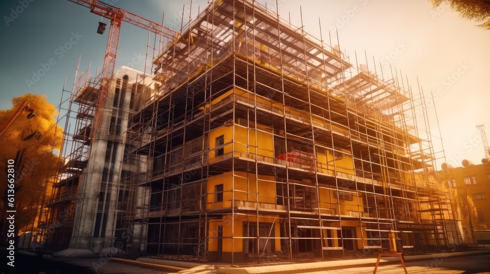 High rise building under construction with scaffolding and a crane.