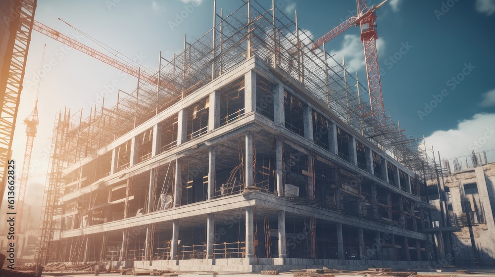 Building under construction, Extensive scaffolding providing platforms for work in progress on a new