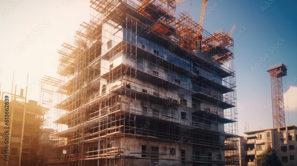 The building is under construction with scaffolding, High rise building under construction.