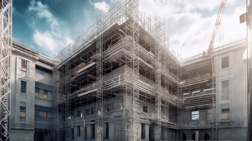 Scaffolding on the facade of a modern building, Block of apartments under construction.