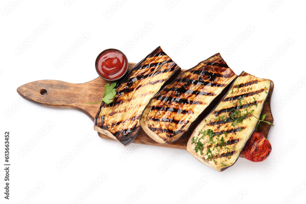 Board with delicious grilled eggplants and tomato sauce on white background, top view