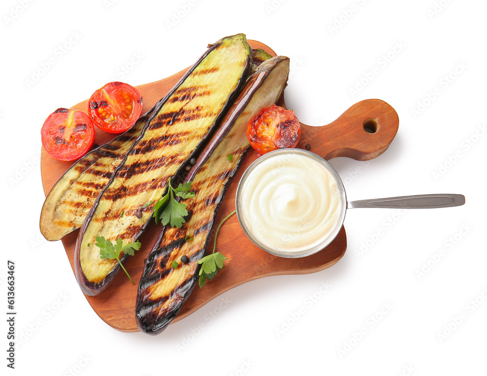 Board with delicious grilled eggplants, sauce and tomatoes on white background, top view